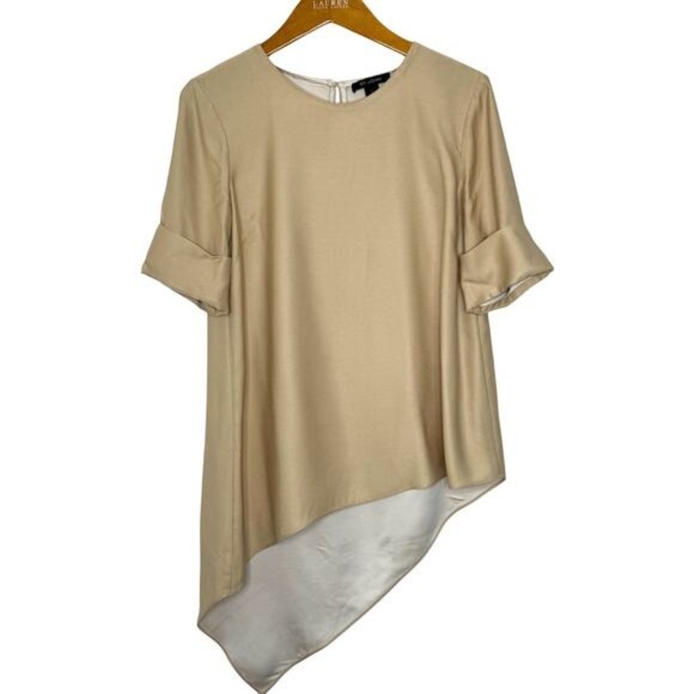 St. John Tunic Asymmetrical Short Sleeve Size Small Cream/Tan